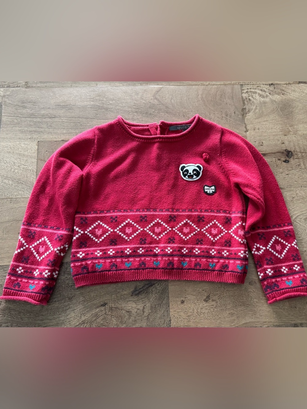 Souris Mini Red Patterned Crewneck festive Sweater with Panda Patch sz 18-24 m